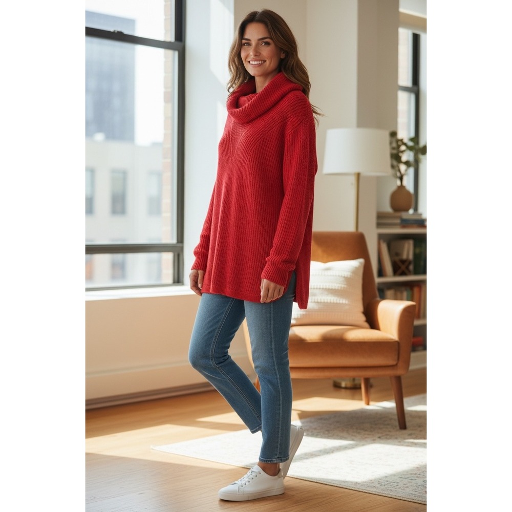 Talbots Red Chunky Knit Cowl Neck Tunic Sweater Size S Cotton‎ Blend